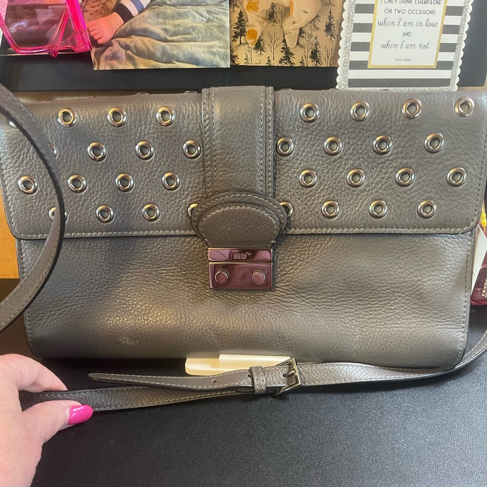 Authentic Red V Gray Studded Leather Bag